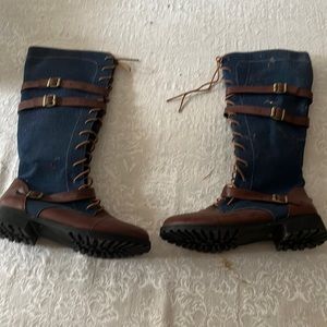 Denim and leather knee boots
